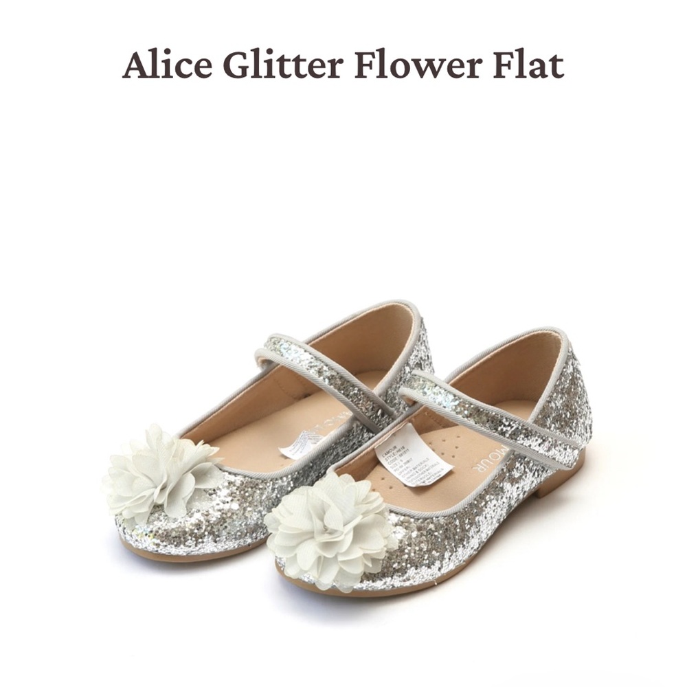 EUC Girls Sparkly Silver Shoes, L’Amour Alice Glitter Flower Flats, Girls Size 3
